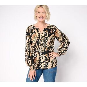 Belle by Kim Gravel Women's Top Sz M Autumn Tapestry Smocked Black A663073